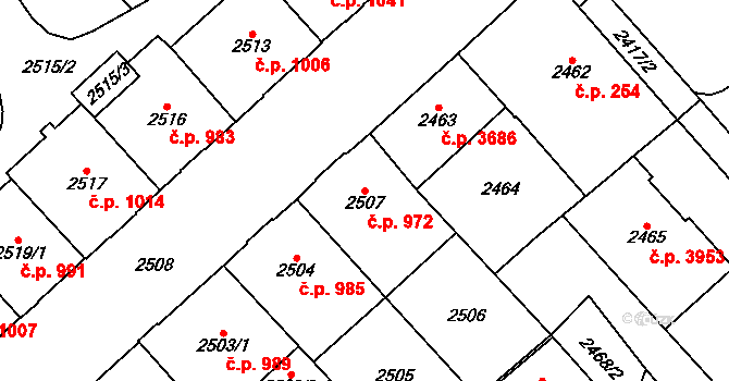 Chomutov 972 na parcele st. 2507 v KÚ Chomutov I, Katastrální mapa
