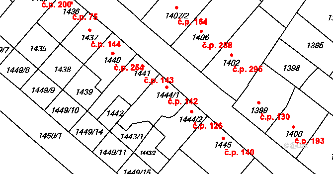 Zbýšov 142 na parcele st. 1444/1 v KÚ Zbýšov u Oslavan, Katastrální mapa