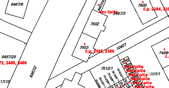 Jižní Předměstí 2385,2386, Plzeň na parcele st. 7502 v KÚ Plzeň, Katastrální mapa