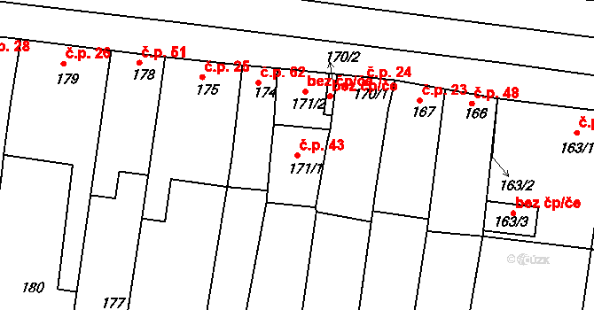 Hajany 43 na parcele st. 171/1 v KÚ Hajany, Katastrální mapa