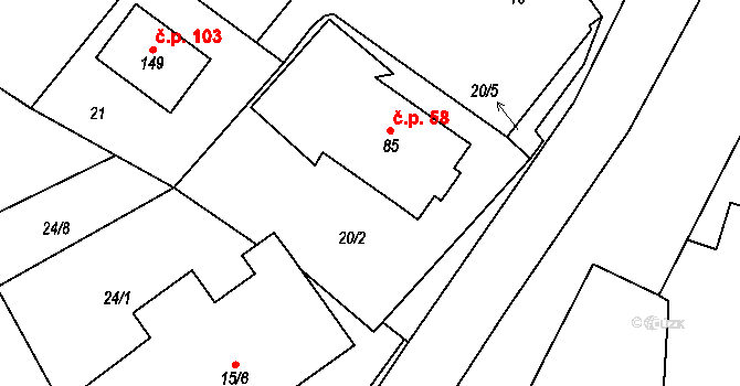 Dolní Stakory 58 na parcele st. 85 v KÚ Dolní Stakory, Katastrální mapa