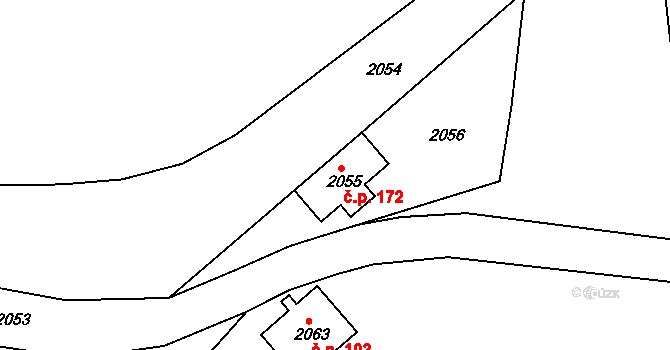 Uhelná 172 na parcele st. 2055 v KÚ Uhelná, Katastrální mapa