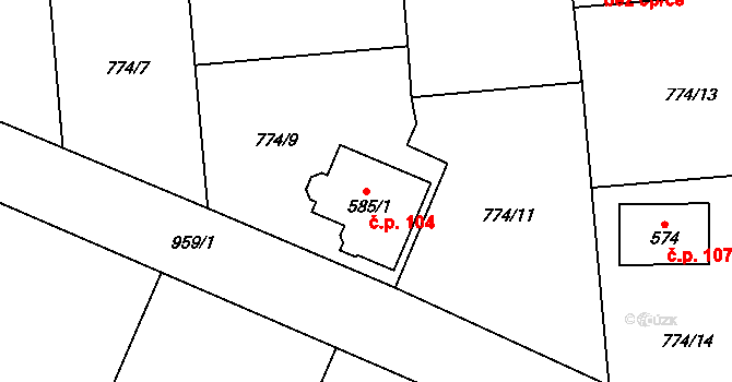 Svinaře 104 na parcele st. 585/1 v KÚ Svinaře, Katastrální mapa