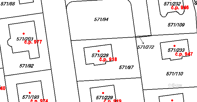 Šeberov 918, Praha na parcele st. 571/228 v KÚ Šeberov, Katastrální mapa