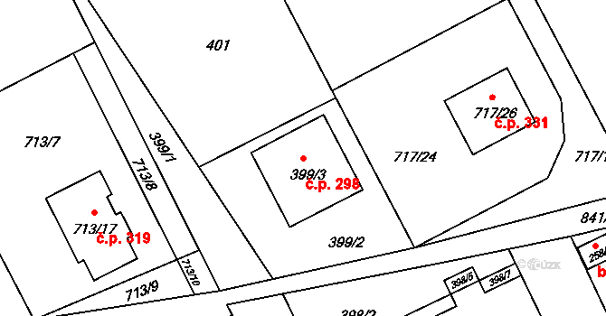 Černé Budy 298, Sázava na parcele st. 399/3 v KÚ Černé Budy, Katastrální mapa