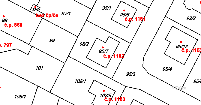 Bučovice 1162 na parcele st. 95/7 v KÚ Bučovice, Katastrální mapa