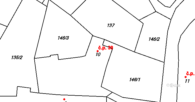 Miřenice 39, Nalžovské Hory na parcele st. 10 v KÚ Miřenice, Katastrální mapa