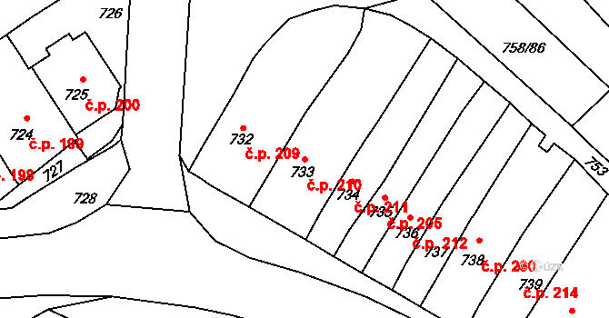 Měřín 210 na parcele st. 733 v KÚ Měřín, Katastrální mapa
