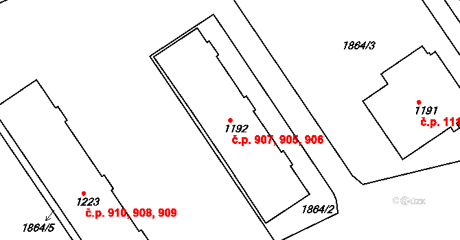 Luhačovice 905,906,907 na parcele st. 1192 v KÚ Luhačovice, Katastrální mapa