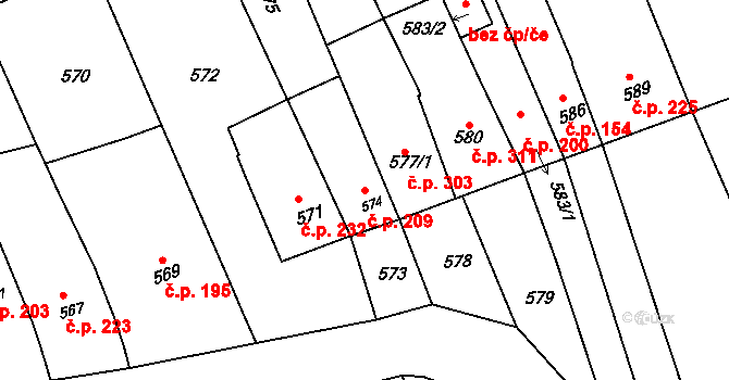Kobeřice u Brna 209 na parcele st. 574 v KÚ Kobeřice u Brna, Katastrální mapa