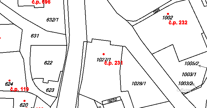 Štěpánkovice 231 na parcele st. 1027/1 v KÚ Štěpánkovice, Katastrální mapa