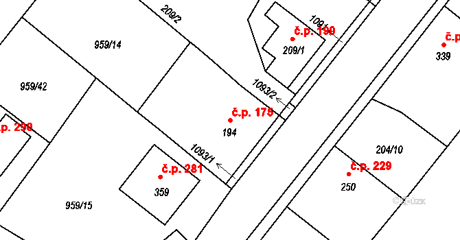 Dřísy 175 na parcele st. 194 v KÚ Dřísy, Katastrální mapa