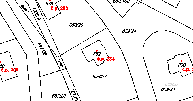 Psáry 284 na parcele st. 652 v KÚ Psáry, Katastrální mapa
