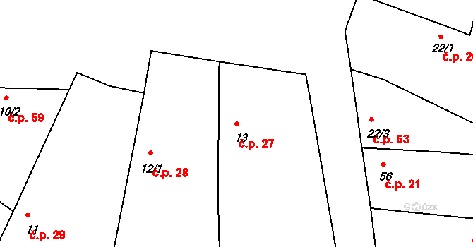Borkovice 27 na parcele st. 13 v KÚ Borkovice, Katastrální mapa