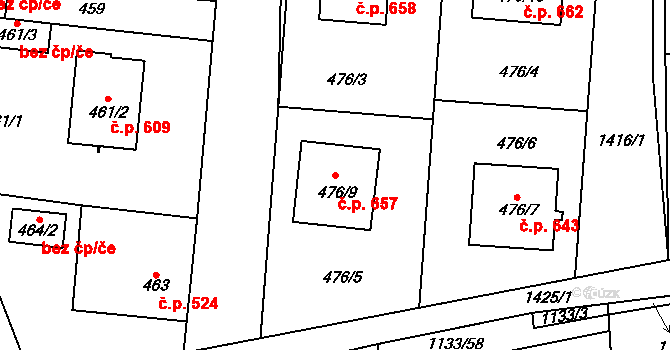 Vejprnice 657 na parcele st. 476/9 v KÚ Vejprnice, Katastrální mapa
