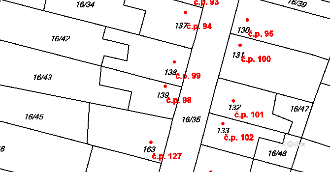 Nové Jesenčany 98, Pardubice na parcele st. 139 v KÚ Nové Jesenčany, Katastrální mapa