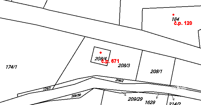Štípa 671, Zlín na parcele st. 208/4 v KÚ Štípa, Katastrální mapa