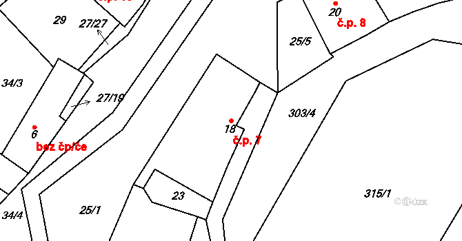 Simtany 7, Pohled na parcele st. 18 v KÚ Simtany, Katastrální mapa