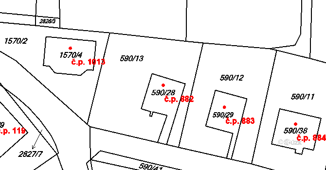 Dobruška 882 na parcele st. 590/28 v KÚ Dobruška, Katastrální mapa