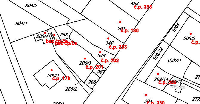 Olšany u Prostějova 202 na parcele st. 346 v KÚ Olšany u Prostějova, Katastrální mapa