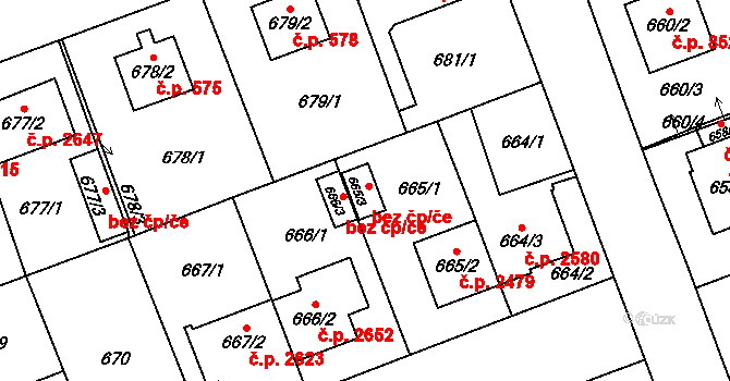 Jihlava 3602 na parcele st. 665/3 v KÚ Jihlava, Katastrální mapa