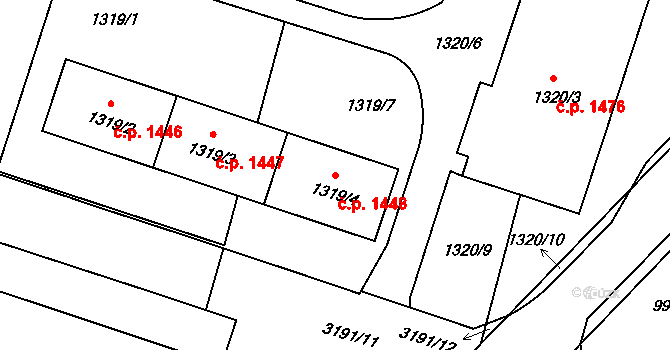 Čelákovice 1448 na parcele st. 1319/4 v KÚ Čelákovice, Katastrální mapa