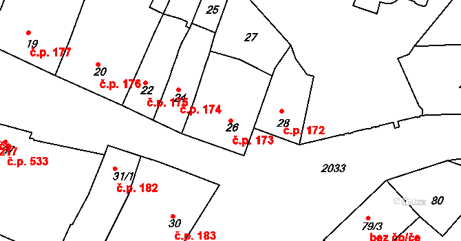 Modřice 173 na parcele st. 26 v KÚ Modřice, Katastrální mapa