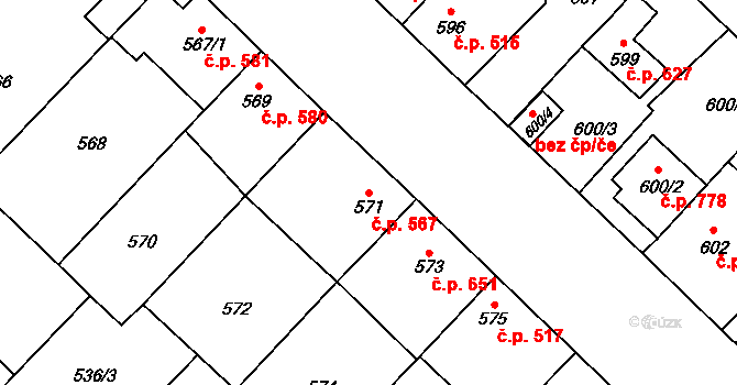 Lužice 567 na parcele st. 571 v KÚ Lužice u Hodonína, Katastrální mapa