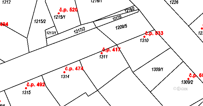 Šardice 417 na parcele st. 1311 v KÚ Šardice, Katastrální mapa