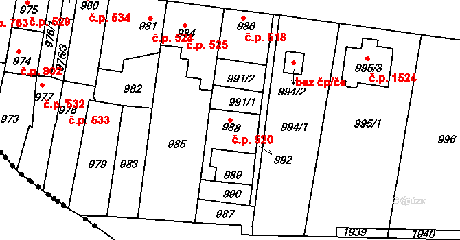 Švermov 520, Kladno na parcele st. 988 v KÚ Motyčín, Katastrální mapa