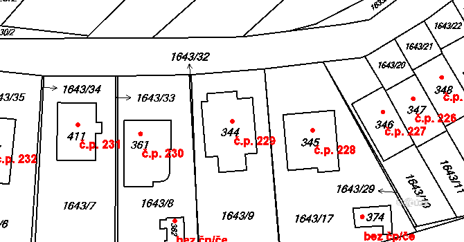 Břilice 229, Třeboň na parcele st. 344 v KÚ Břilice, Katastrální mapa