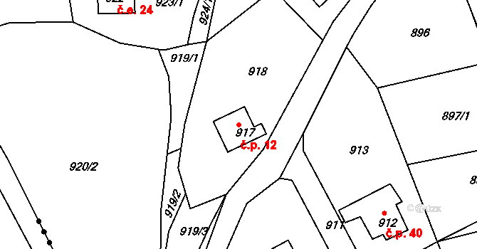 Neřežín 12, Chaloupky na parcele st. 917 v KÚ Chaloupky, Katastrální mapa