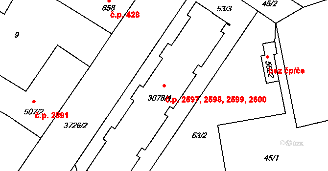 Břeclav 2597,2598,2599,2600 na parcele st. 3078/4 v KÚ Břeclav, Katastrální mapa