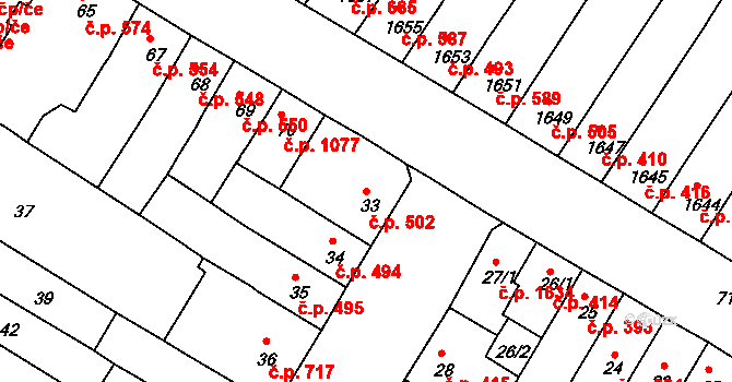 Husovice 502, Brno na parcele st. 33 v KÚ Husovice, Katastrální mapa