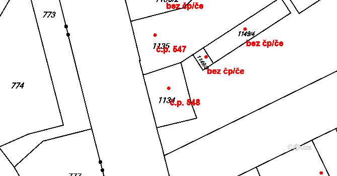 Komárov 548, Brno na parcele st. 1134 v KÚ Komárov, Katastrální mapa