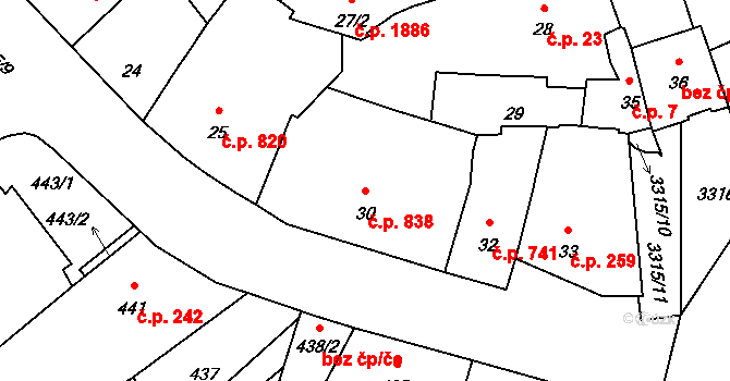 Pelhřimov 838 na parcele st. 30 v KÚ Pelhřimov, Katastrální mapa
