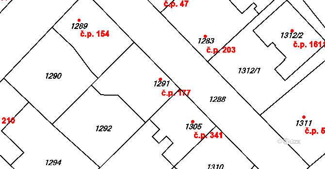 Kunratice 177, Praha na parcele st. 1291 v KÚ Kunratice, Katastrální mapa