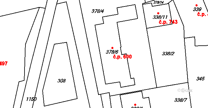Blučina 600 na parcele st. 378/6 v KÚ Blučina, Katastrální mapa