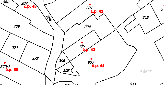 Vsetín 43 na parcele st. 305 v KÚ Vsetín, Katastrální mapa