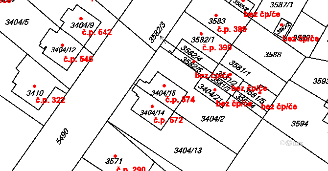 Božkov 574, Plzeň na parcele st. 3404/15 v KÚ Plzeň, Katastrální mapa