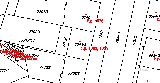 Jižní Předměstí 1302,1325, Plzeň na parcele st. 7703/3 v KÚ Plzeň, Katastrální mapa