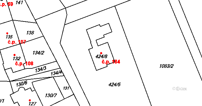 Alojzov 184 na parcele st. 424/8 v KÚ Alojzov u Prostějova, Katastrální mapa