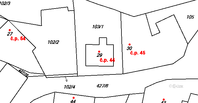 Slavhostice 44 na parcele st. 29 v KÚ Slavhostice, Katastrální mapa
