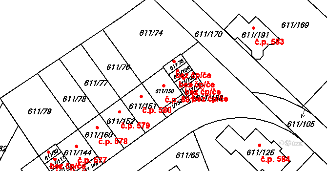 Srubec 581 na parcele st. 611/150 v KÚ Srubec, Katastrální mapa