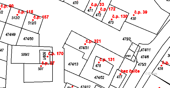Milokošť 321, Veselí nad Moravou na parcele st. 474/31 v KÚ Milokošť, Katastrální mapa