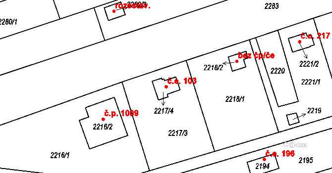 Lužice 103 na parcele st. 2217/4 v KÚ Lužice u Hodonína, Katastrální mapa