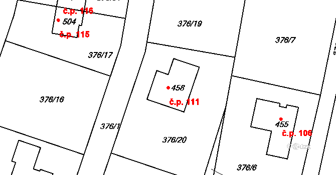 Horoušany 111 na parcele st. 458 v KÚ Horoušany, Katastrální mapa