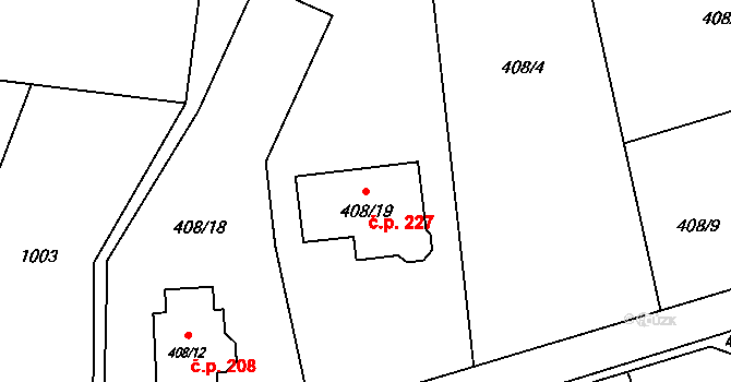 Hodoňovice 227, Baška na parcele st. 408/19 v KÚ Hodoňovice, Katastrální mapa
