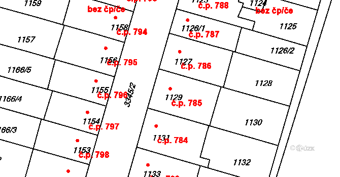 Benešov 785 na parcele st. 1129 v KÚ Benešov u Prahy, Katastrální mapa
