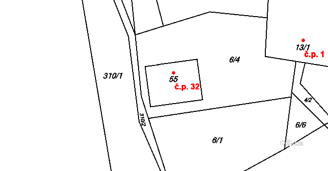 Touboř 32, Kunštát na parcele st. 55 v KÚ Touboř, Katastrální mapa